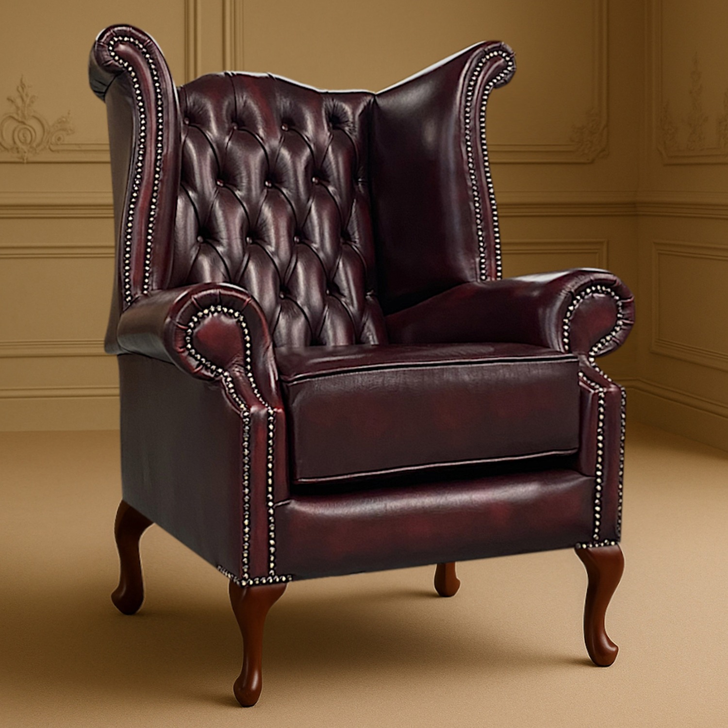Scrolled Wingback Chesterfield Leather Arm Chair - Red