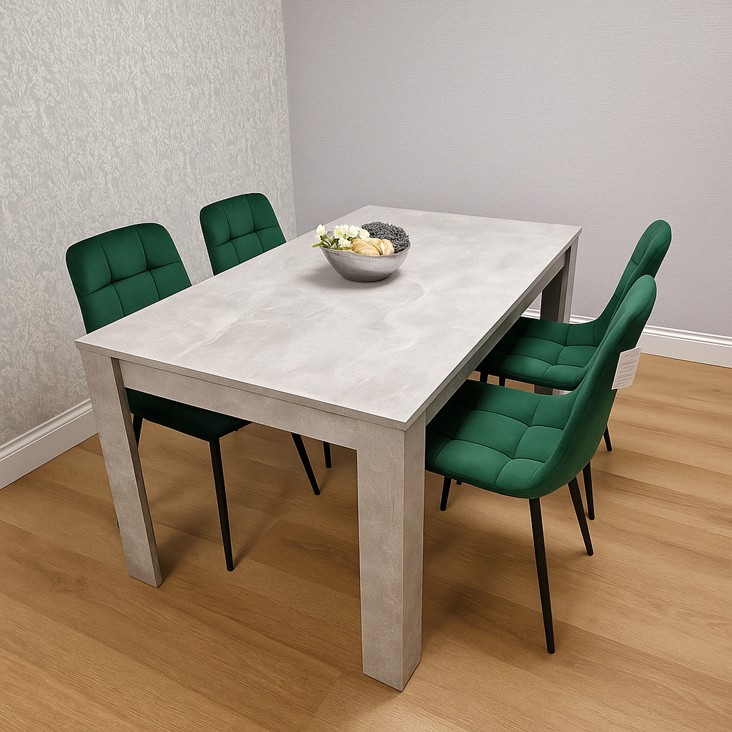 Modern Stone Grey Effect Dining Table set with 4 Green velvet chairs Dining Set - Green
