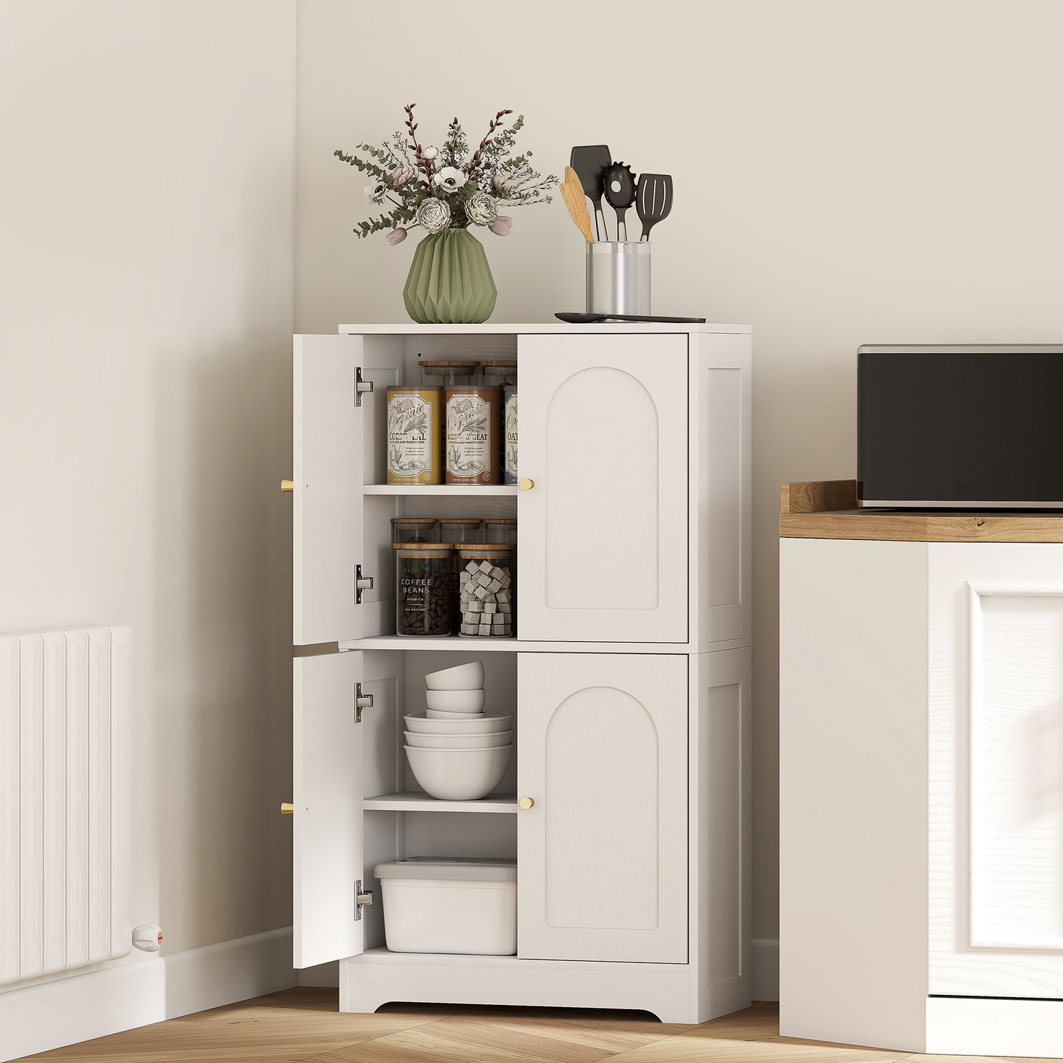 HOMCOM 110cm Kitchen Cupboard with 4 Arched Doors and 2 Shelves - White