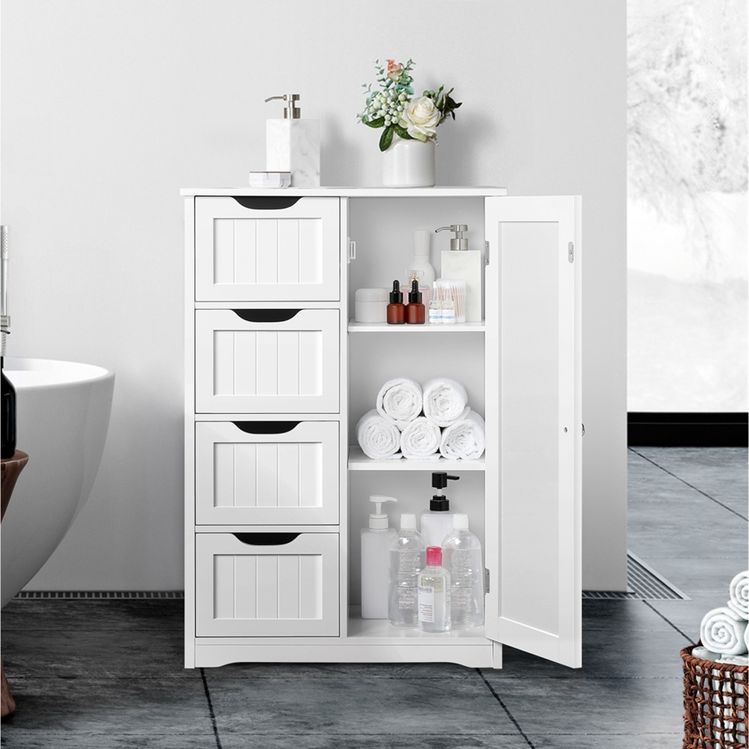 Yaheetech Bathroom Floor Cabinet with 4 Drawers and Cupboard - White