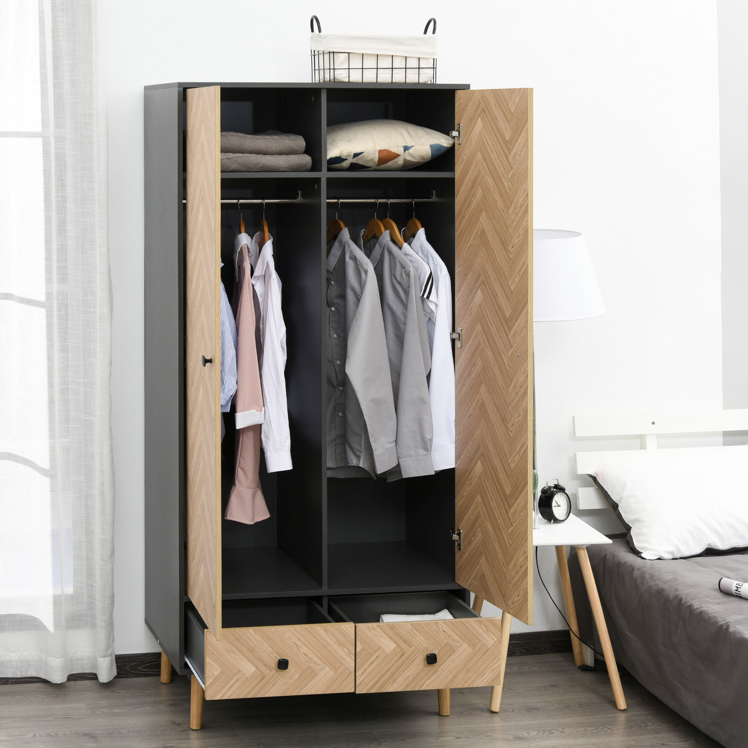 Modern Wardrobe Cabinet with Shelf, Hanging Rod and 2 Drawers - Grey and brown